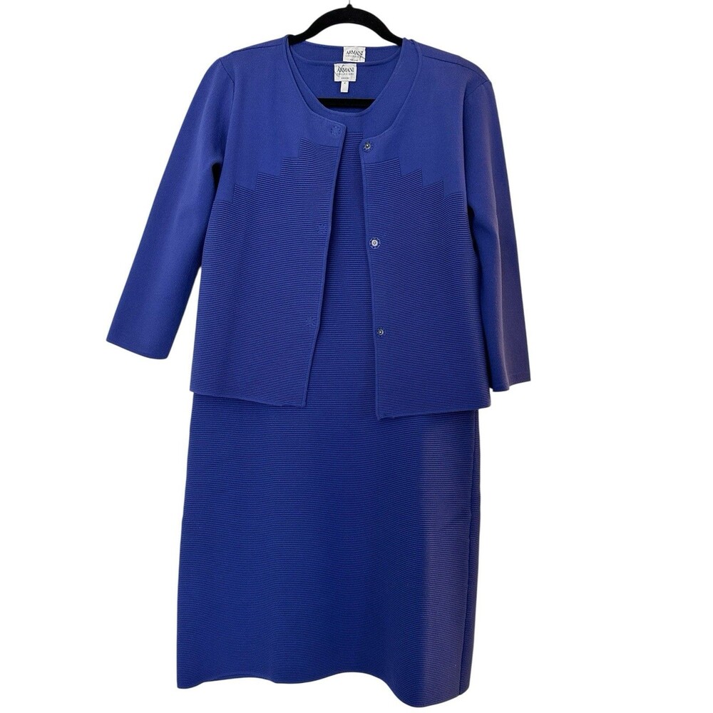 Armani Collezioni Jacket Dress Set Blue Midi Suit 3/4 Sleeve Sz 6 Office Career